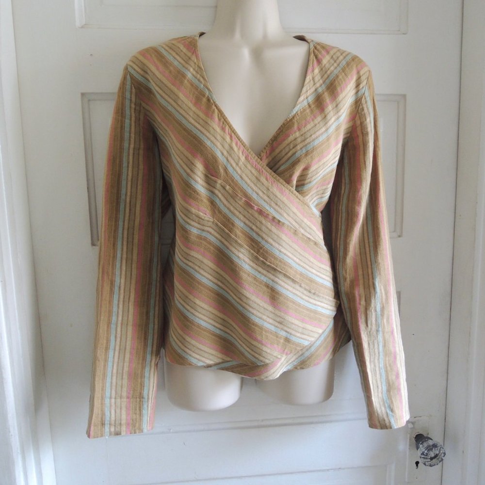 Willi Smith Green & Pink Stripe 100% Linen Faux Wrap Lagenlook Top M